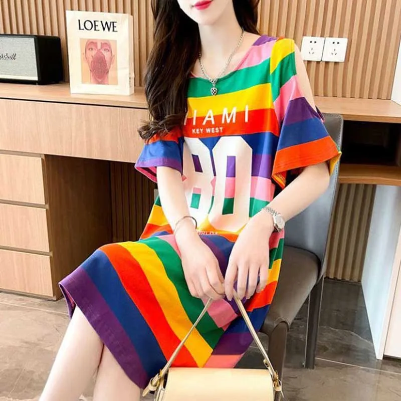 

Fashion Letter Off Shoulder Color Striped Short Sleeve Female Clothing 2024 Summer New Oversized All-match Casual Dresses