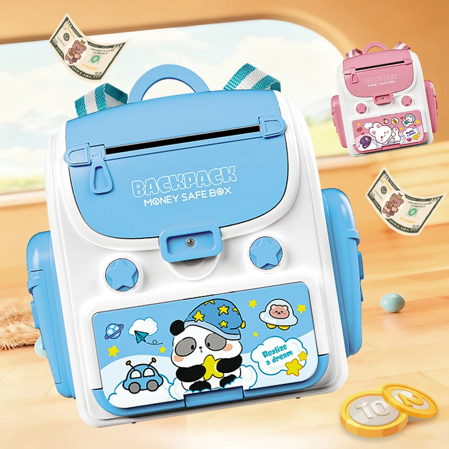 子供用バックパック貯金箱おもちゃ、自動誘導ロールマネーATM大型シミュレーション指紋パスワードロック解除ボックスギフト