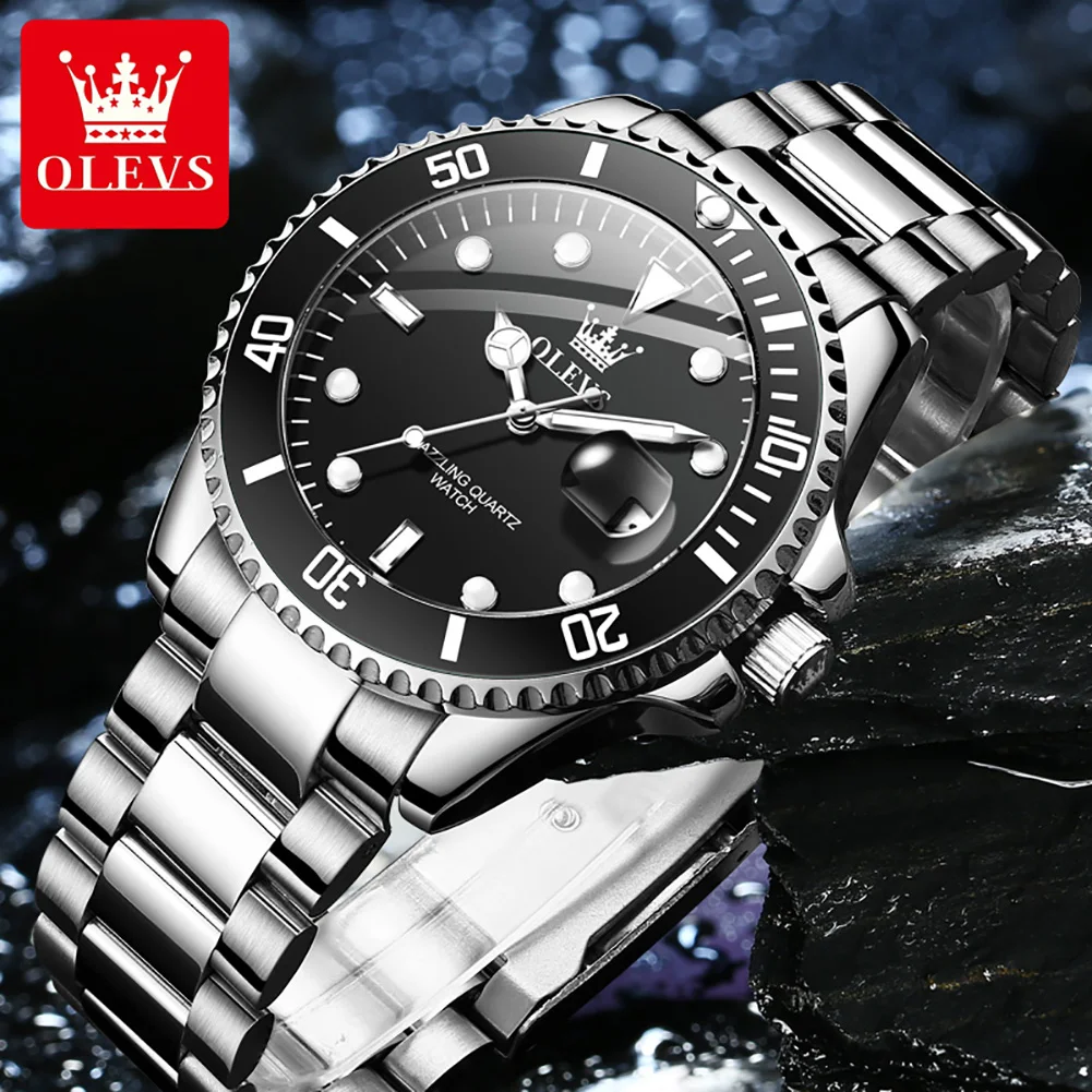 OLEVS-Reloj de acero inoxidable para hombre, cronógrafo de cuarzo, con diseño de fantasma de agua azul, marca superior de lujo