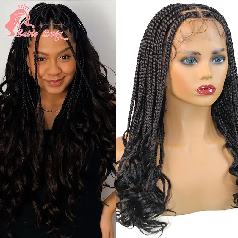 Perucas completas trançadas sintéticas do laço para mulheres negras, cabelo Knotless de Boho, pontas encaracoladas, trança dianteira, 18"