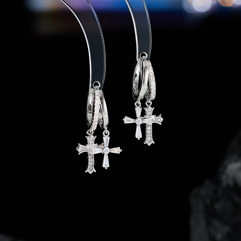 Men's Asymmetric Double Layer Cross Personality Trendy Cool Zircon Hoop Earrings