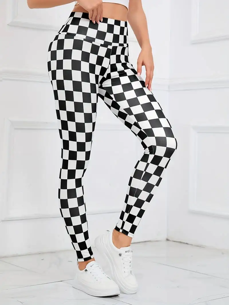 Black and white color print high waist and hip lift daily work and play wearing women\'s leggings