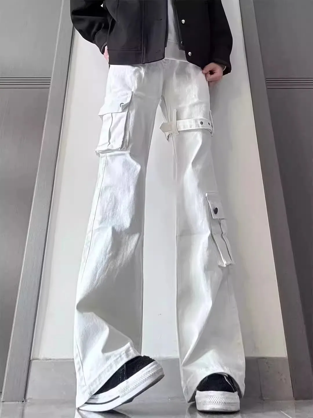 

White Belted Design Large ket Workwear Denim Jeans Men's American Trendy High Street Vibe Micro Flared Pants