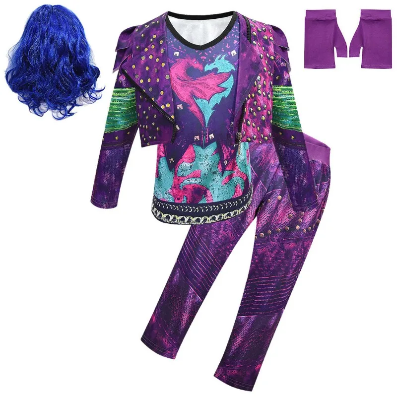 Girls Descendants 3 Mal Costume for Girls Evie Cosplay Costume Child Fantasia Halloween Clothes Wig Birthday Party Fancy Dress