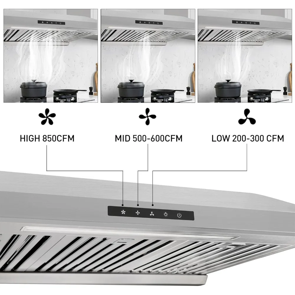 850 куб. М мощная 30-дюймовая вытяжка под шкаф с бесшовным корпусом из нержавеющей стали, двойным турбодвигателем, 3-скоростным сенсорным экраном