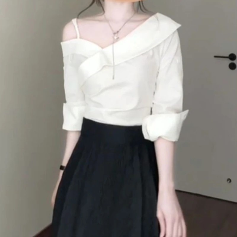 Korean Design Sense, Niche White One-shoulder Shirt Top, Black Umbrella Skirt, Mid-lengt  Temperament Two-piece Set for Summer