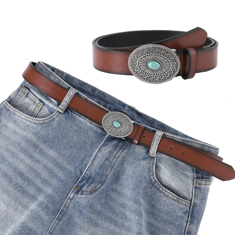 

Q0KE Man Waist Belt with Turquoise Buckle Adjustable Buckle Waist Belt Universal Waistband for Coat Shirt