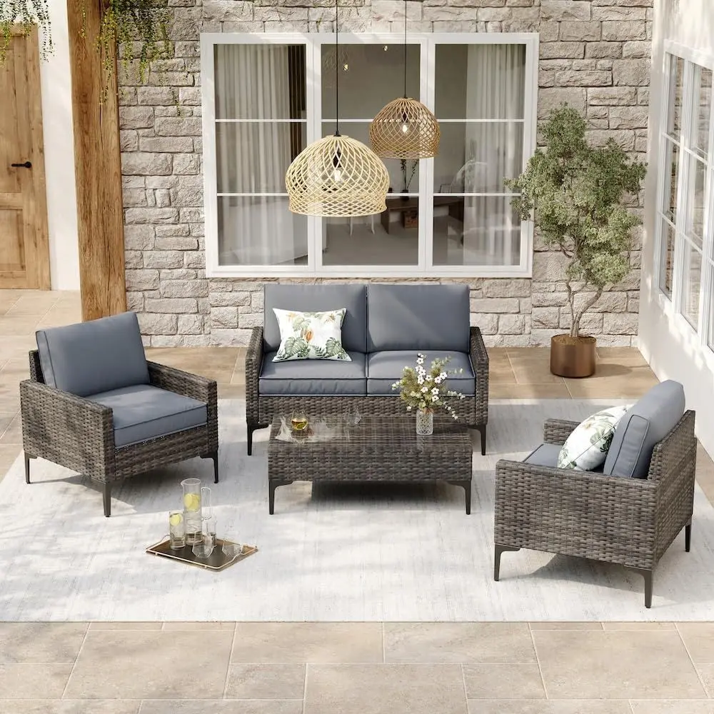 

Grey All-Weather Wicker Patio Sectional Set with Tempered Glass Table and Thick Cushions