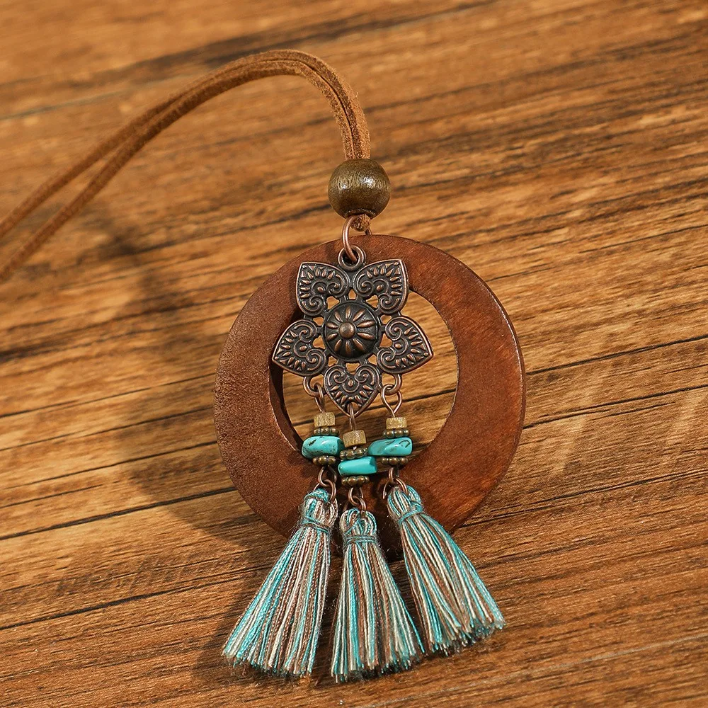 Collares largos de madera con borlas de estilo étnico a la moda, cadena de suéter elegante original, uso diario para mujer, collar
