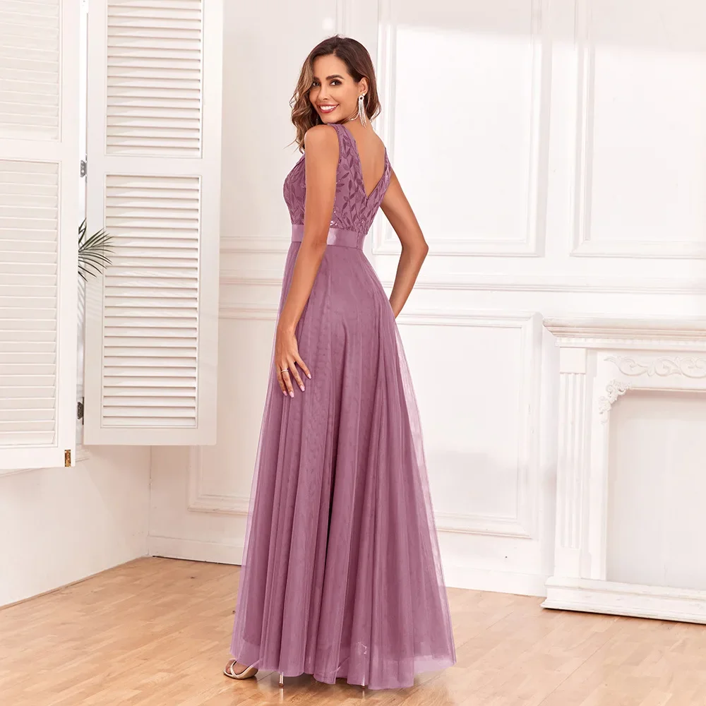 Elegant Sleeveless Double V-neck Tulle Embroidery Long Formal Evening Dress