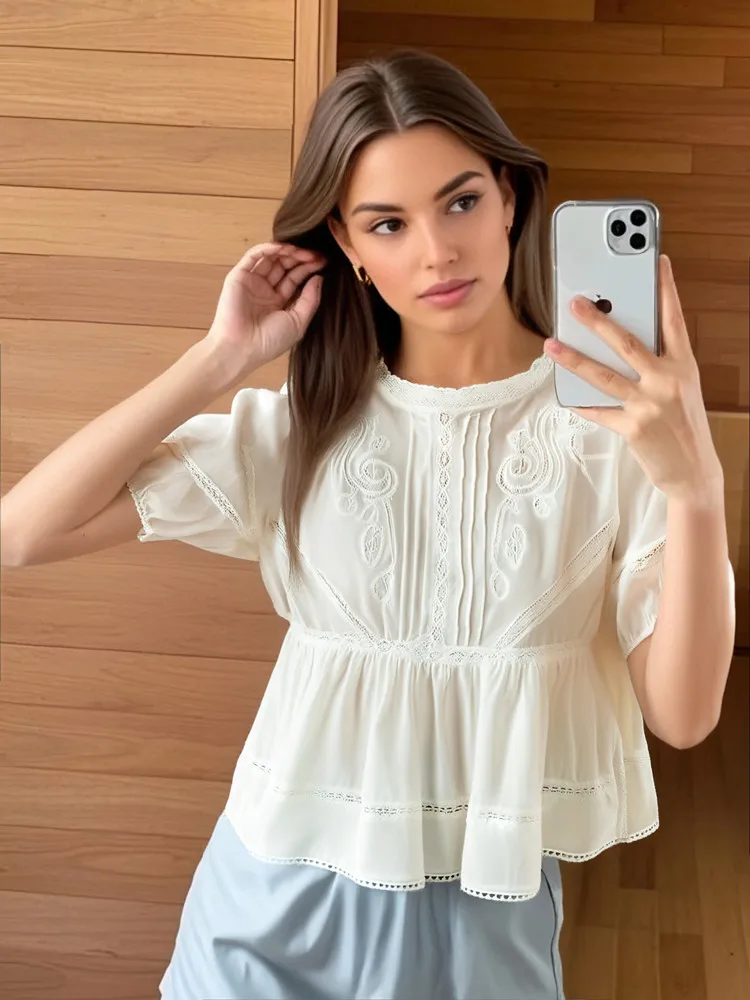 

Taop&Za 2025 new women's short-sleeved tops with delicate lace on shoulders and sleeves, exquisite and fashionable