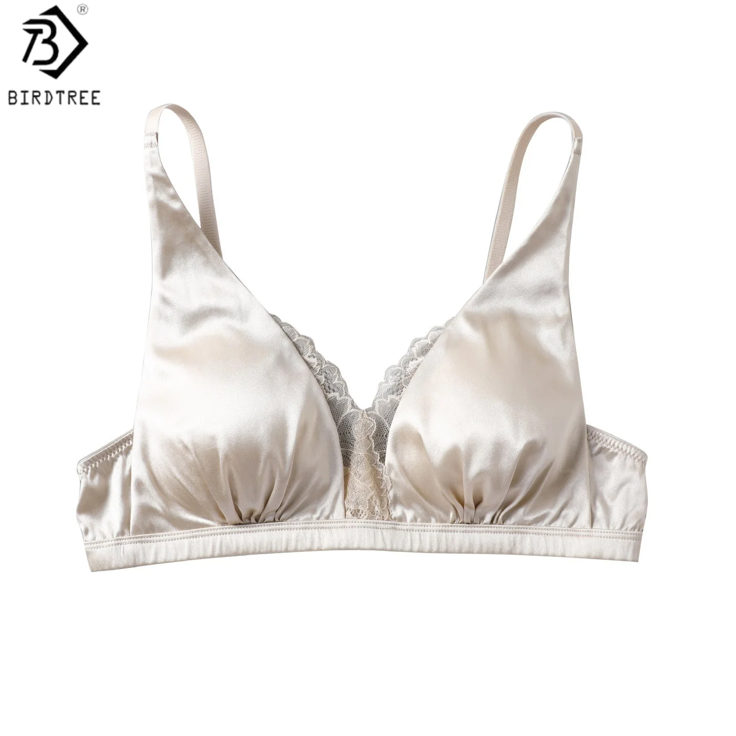 Birdtree, 92% Real Silk 8% Spandex Bra, Women's Satin Wireless Bralette Underwear, Breathable Lace Bra Set, 2026 New T61036JF
