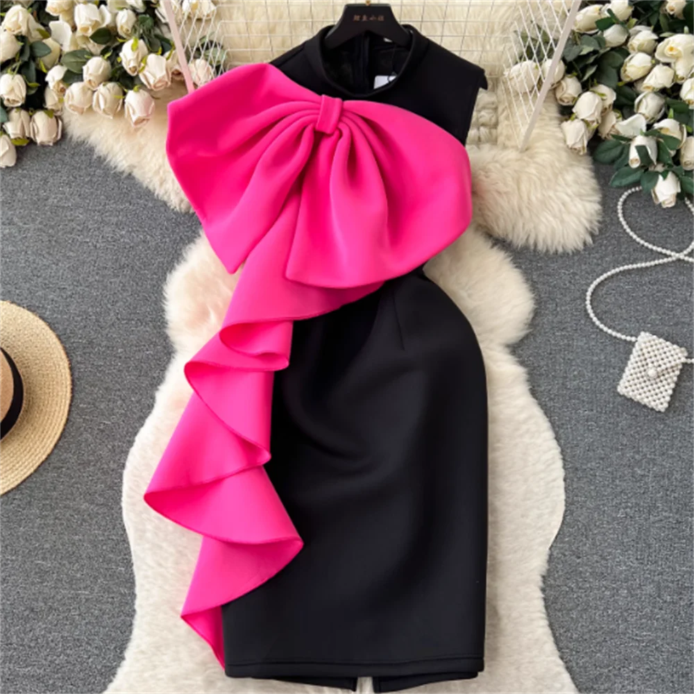 

Bow tie color sleeveless vest dress woman waist fork party dress women