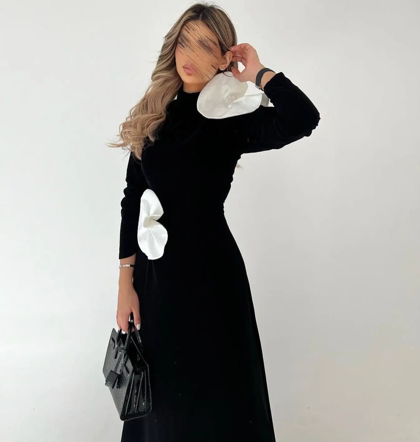 Jirocum A-Linie-Abschlussballkleid für Damen, hochgeschlossen, langärmelig, weiße Blumen, Party-Abendkleider, bodenlang, Kleid für besondere Anlässe