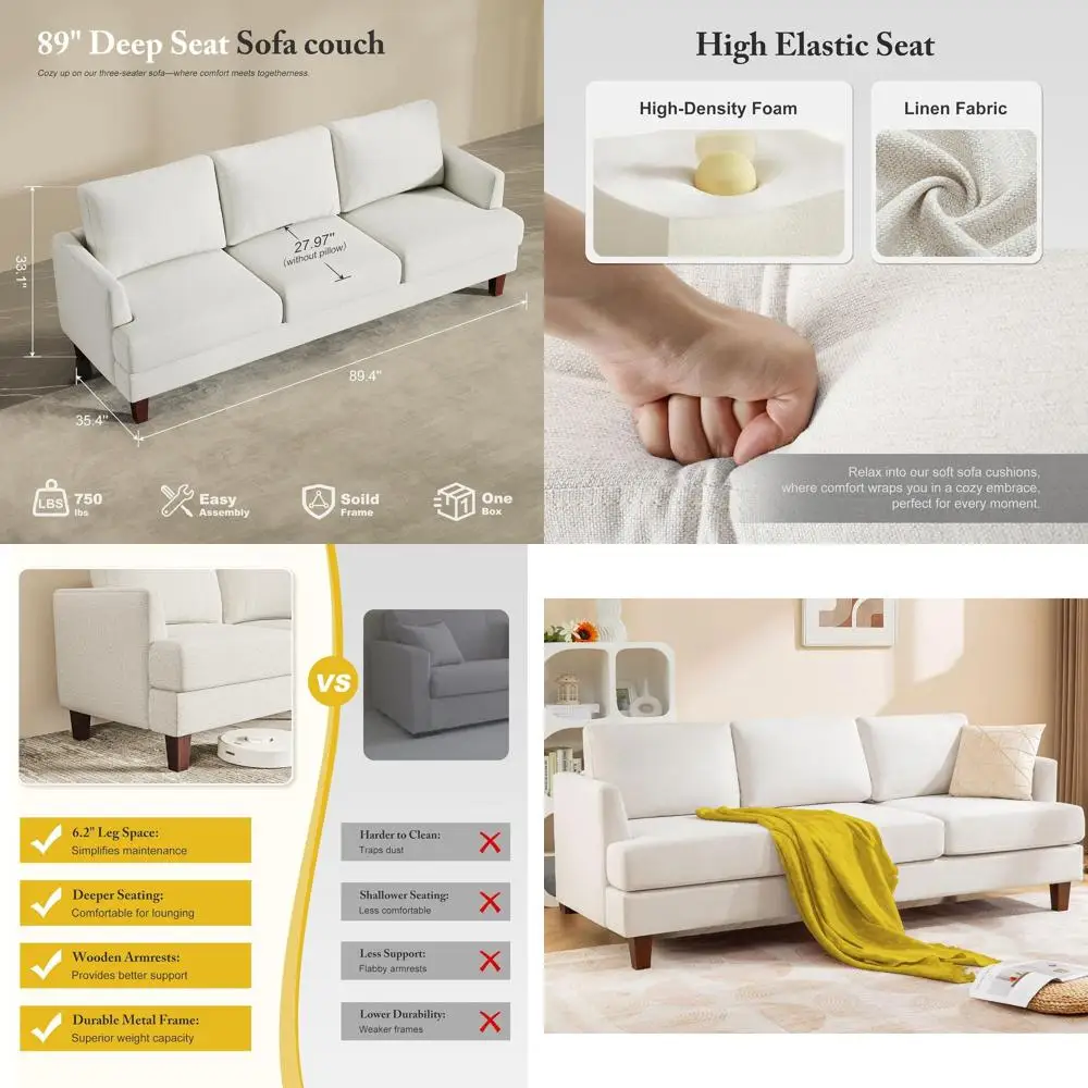 

3 Seater Deep Seated Sofa, 89 Modern Upholstered Sofa with Armrests, Comfortable Couch for Living Room, Bedroom, or Office (Beig