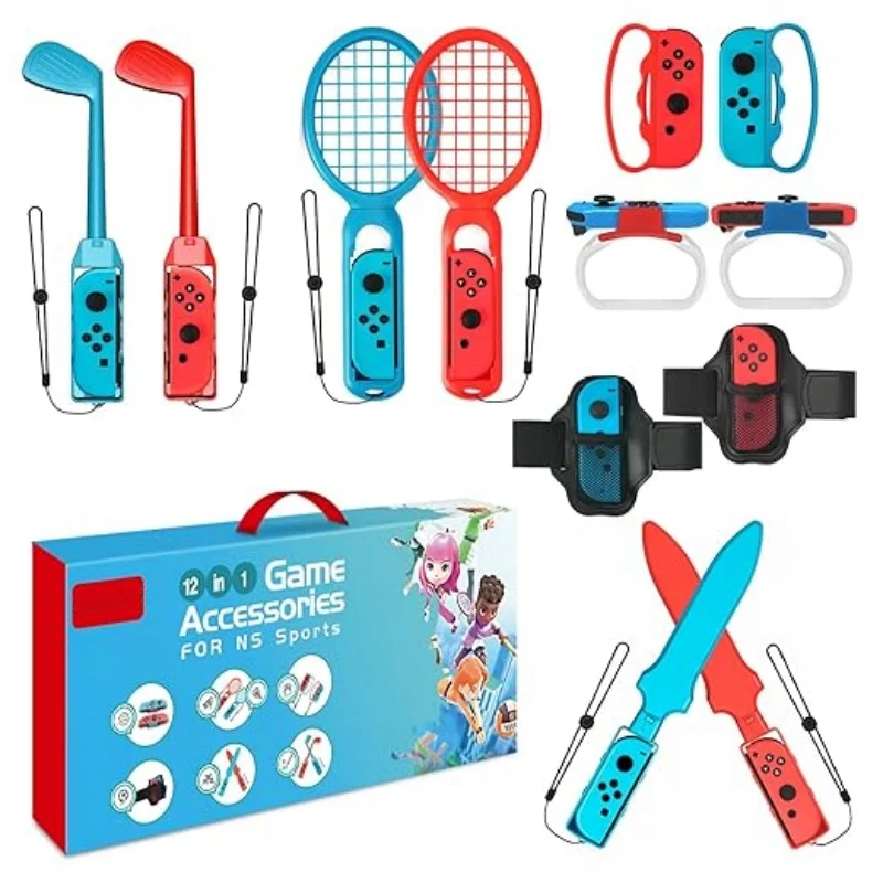 

12-in-1 Switch Sports Accessories Bundle Set with Tennis Rackets, Golf Clubs ,Sword and Wrist Strap for Switch/Switch OLED