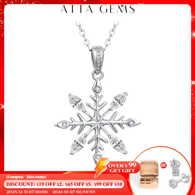 

ATTAGEMS D VVS1 Color Moissanite Necklace for Women Real 925 Sterling Silver Christmas Snowflake Pendant Party Gif Fine Jewelry