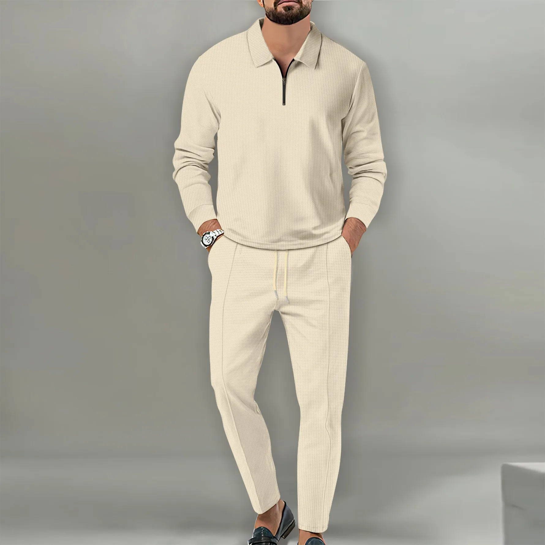 2024 Cross-border summer Europe and the United States Amazon Waffle long-sleeved pants two-piece sports and leisure sports suit