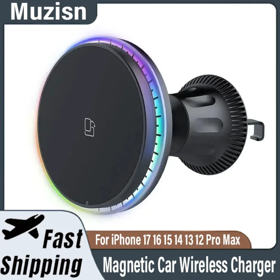 30 واط RGB المغناطيسي سيارة شاحن لاسلكي آيفون 17 16 15 14 13 12 Macsafe حامل هاتف السيارة حامل جبل محطة شحن سريع