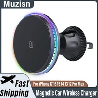 30W RGB Magnetic Car Wireless Charger For iPhone 17 16 15 14 13 12 Macsafe Car Phone Holder Stand Mount Fast Charging Station