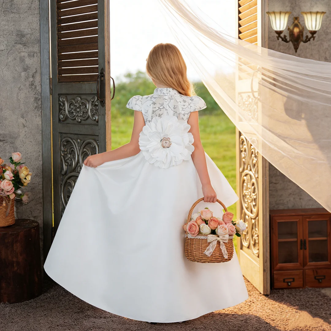 Girls' train gown with large floral design elegant and sophisticated princess dress unique gown gatherings piano recitals perfor
