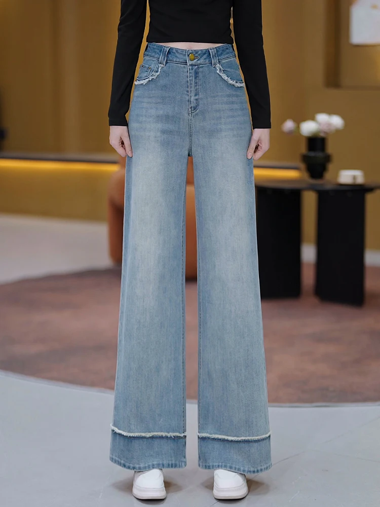 

High Waist Wide Leg Jeans Women's Spring Autumn New Style Popular Small Size Slimming Nine Point Straight Cut Denim Pants