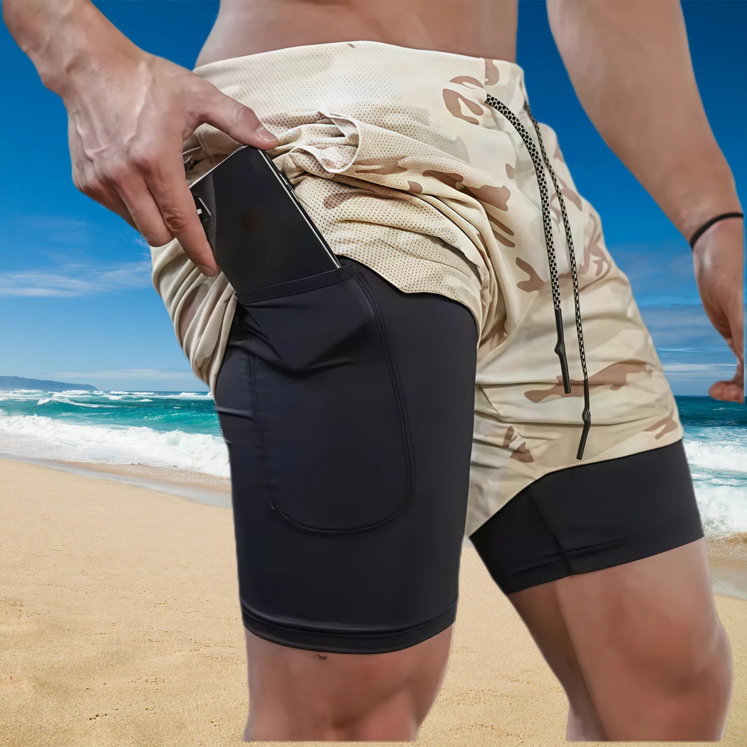 

Новые шорты для бега, мужские спортивные шорты для спортзала 2 в 1, быстросохнущие шорты для тренировок в тренажерном зале, фитнесе, беговые шорты, летние мужские шорты