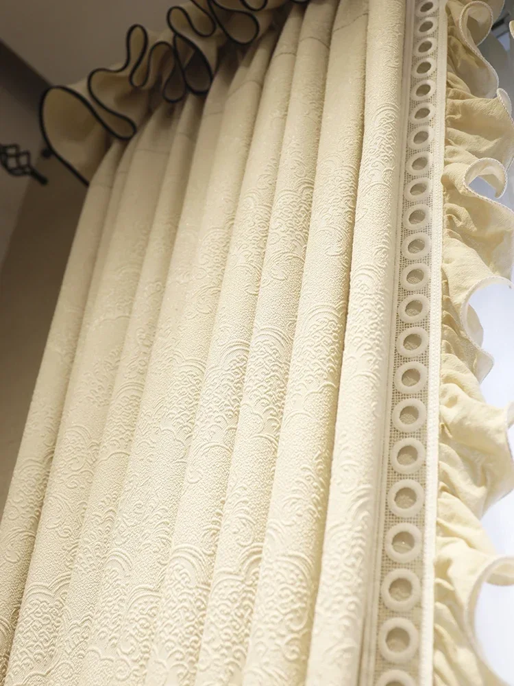 Jacquard Embossed Window Screen Curtains for Living Dining Room Bedroom Translucent Impermeable French Cream StyleBalcony