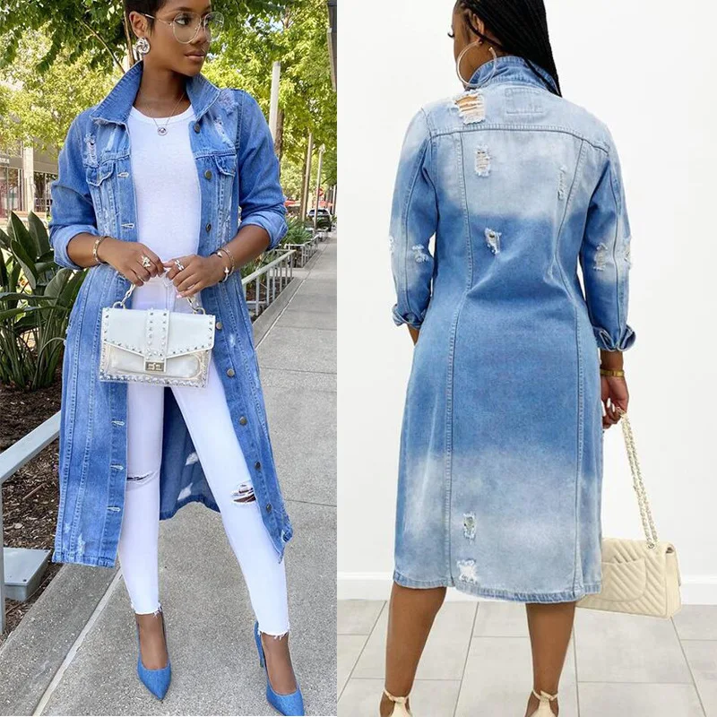 AliExpress Amazon Independent Station Autumn and Winter New Denim Long Trench Coat Ripped Denim Coat for WomenNK168