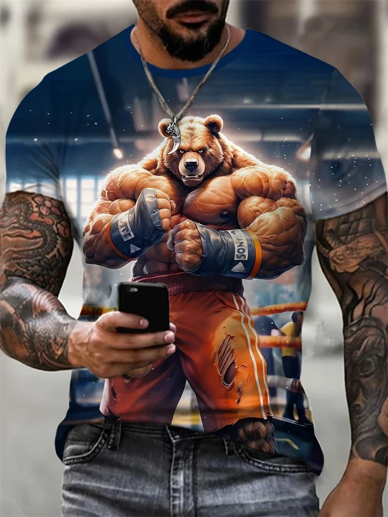Herren 3D Gym Bären-Boxdruck T-Shirt Rundhals Kurzarm Lässiges Sport-Oberteil für Workout