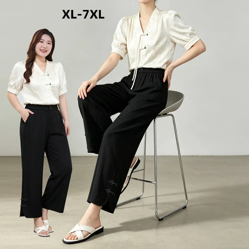 Linen Wide Leg Cropped Pants Elastic Waist Side Slit Frog Button Detail Summer Retro Casual Trousers for Plus Size Women 6XL 7XL