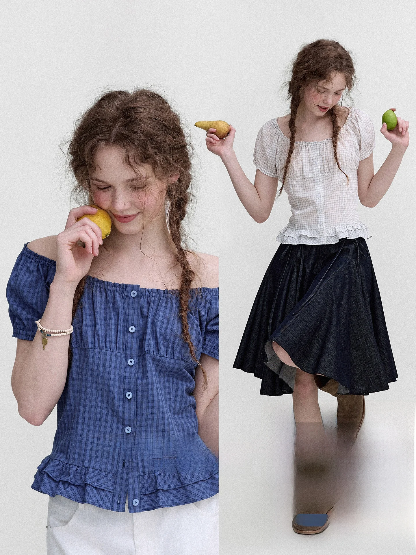 

Retro Plaid Elastic Waist Slim Fit Short Sleeve 100% Cotton Women's Shirt Versatile Wear British Style Commute Wind Loose Fit