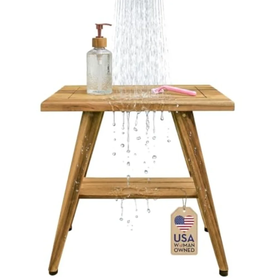 

18 Inch Natural Color Waterproof Teak Wood Shower Bench Stool Seat Chair for Inside Shower Provides Safety Storage and Organiza