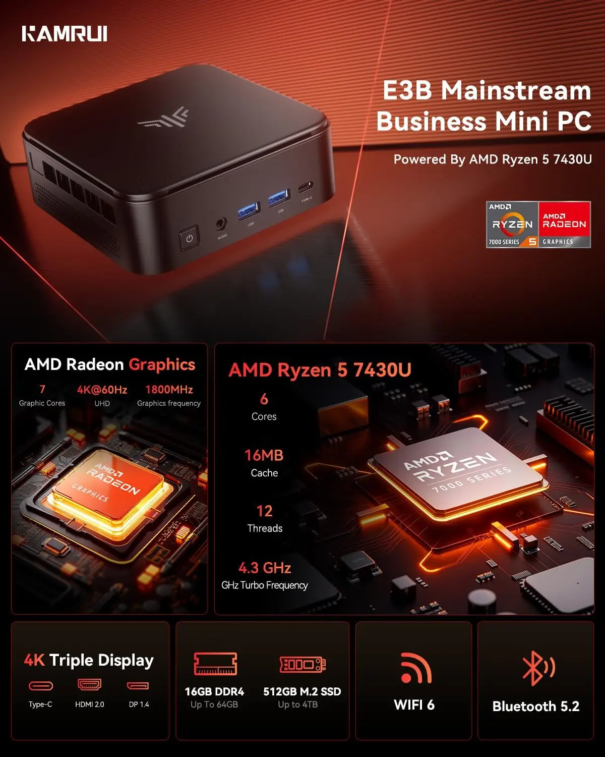 KAMRUI Mini Gaming PC AMD Ryzen5 7430U Max 4.3GHz 16GB DDR4 512GB M.2 SSD Mini Computer Wifi6 BT5.2 4K UHD Triple Display Win11p