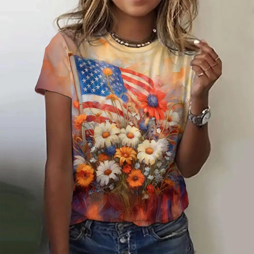 Summer United States Flag Flower 3D Print T-shirts Women Streetwear Fashion Y2k Short Sleeve T Shirt O-neck Tees Tops Clothing