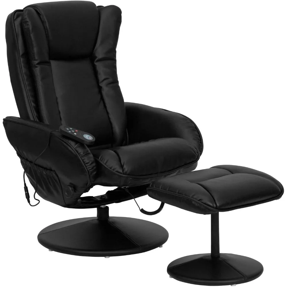 Poppy Massaging Multi-Position Plush Recliner with Side Pocket and Ottoman in Black LeatherSoft