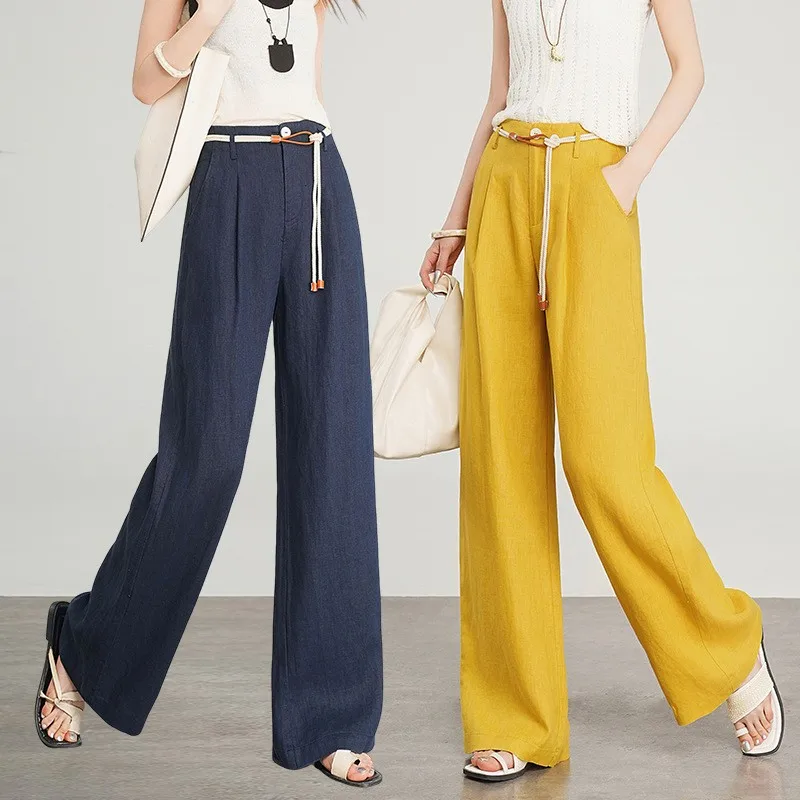 Pantalones de pierna ancha de lino puro para mujer, novedad de verano, pantalones holgados informales hasta el suelo, cómodos, de cintura alta, para ir al trabajo