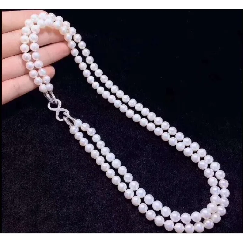 Double Strand AAAA 7-8mm Natural Round Akoya White Women's Pearl Necklace 18 Inch 925 Silver