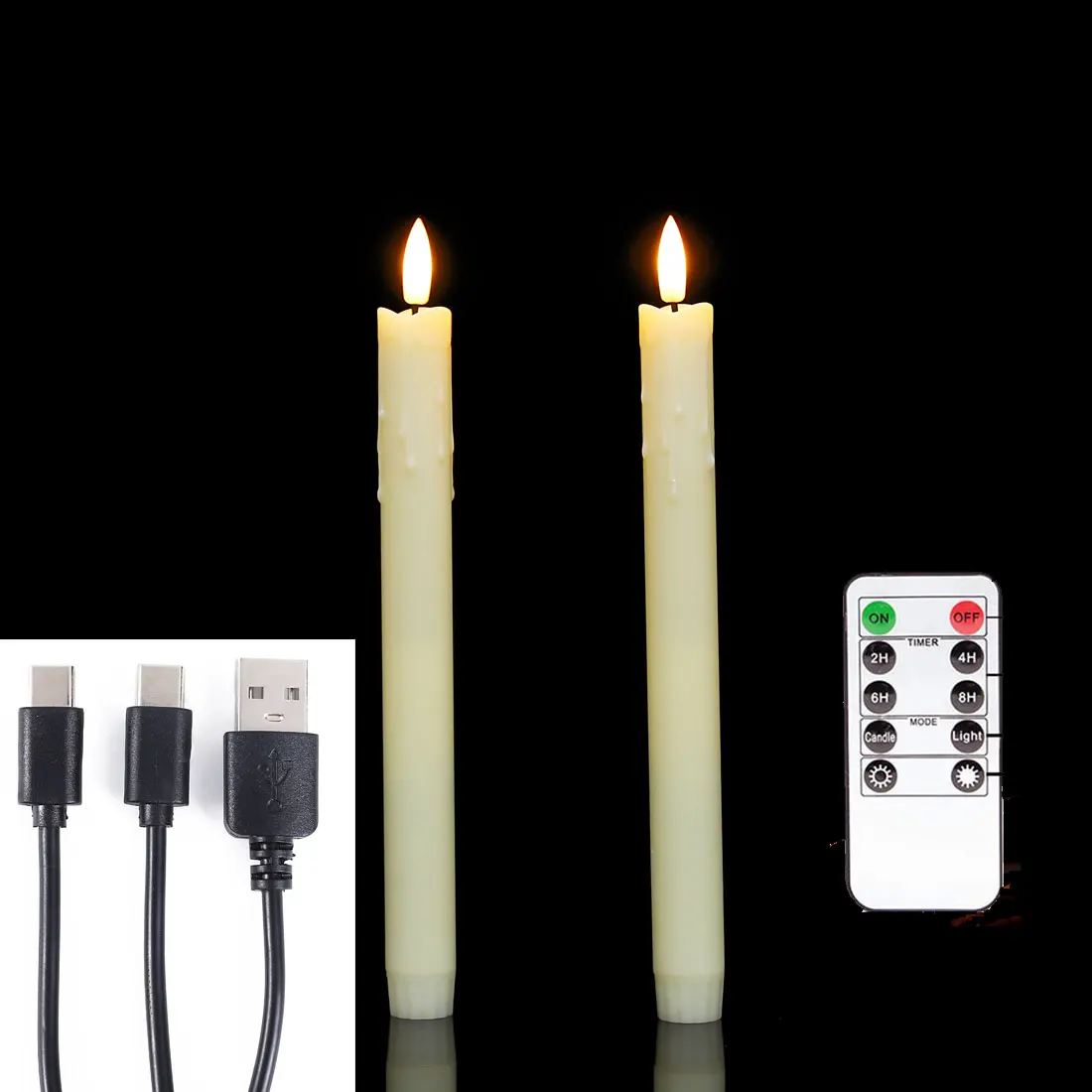 Pack of 2 USB Rechargeable Christmas LED Taper Candles Remote,10 inch Wedding Christmas Birthday Flameless Decorative  Candle