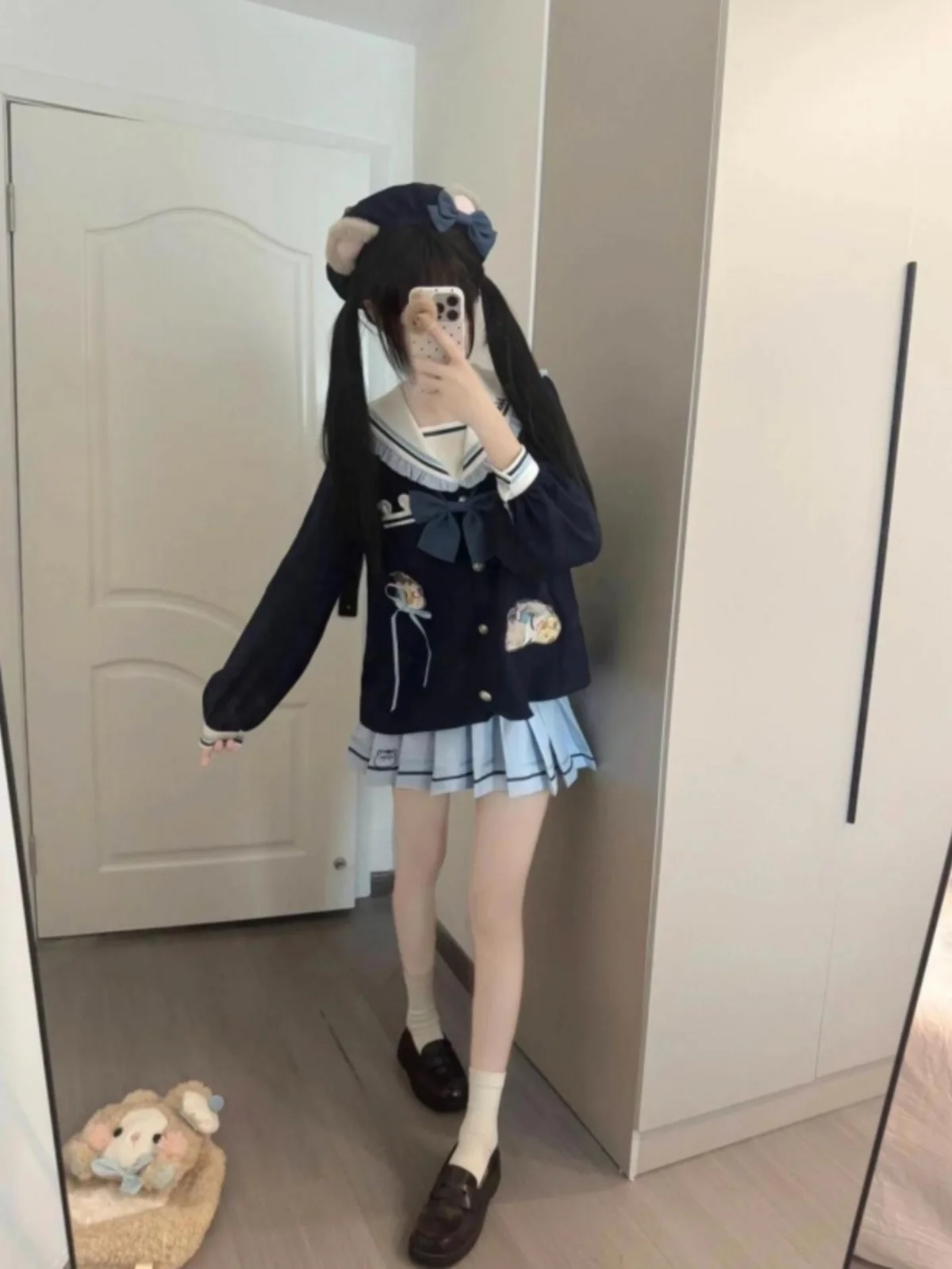 

Милый корейский школьный костюм в стиле JK: матросский костюм с кроликом-полицейским, топ с матросским воротником, плиссированная юбка с высокой талией, комплект из двух предметов