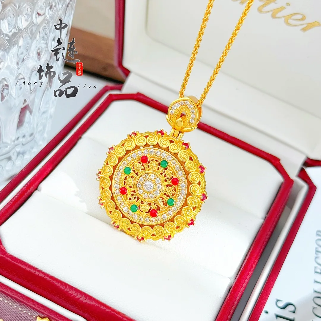 Color diamond rotating eight treasures compass pendant new Chinese style 9999gold