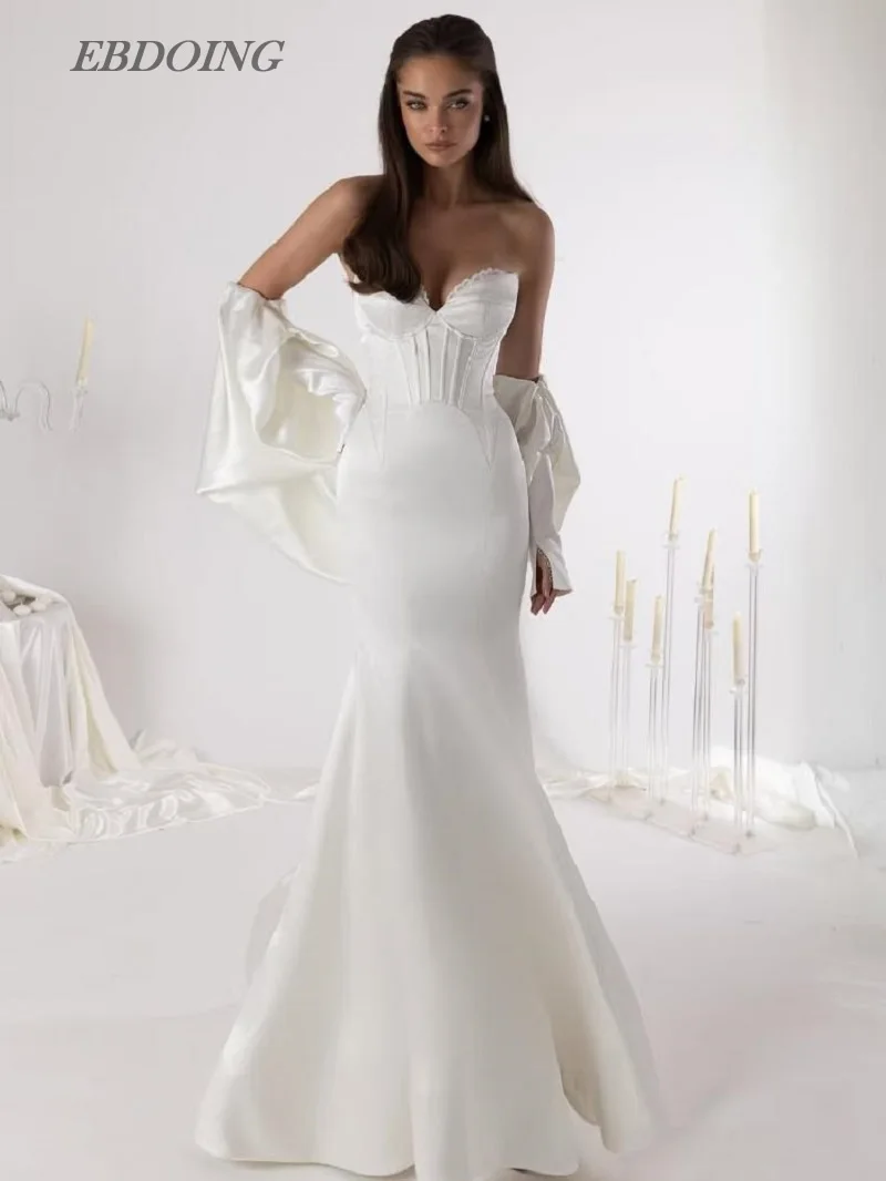 EBDOING ชุดแต่งงานทรงเมอร์เมดผ้าซาตินคอรูปหัวใจพร้อมแขนเสื้อที่ถอดออกได้ ชุดเจ้าสาวแบบกำหนดเอง