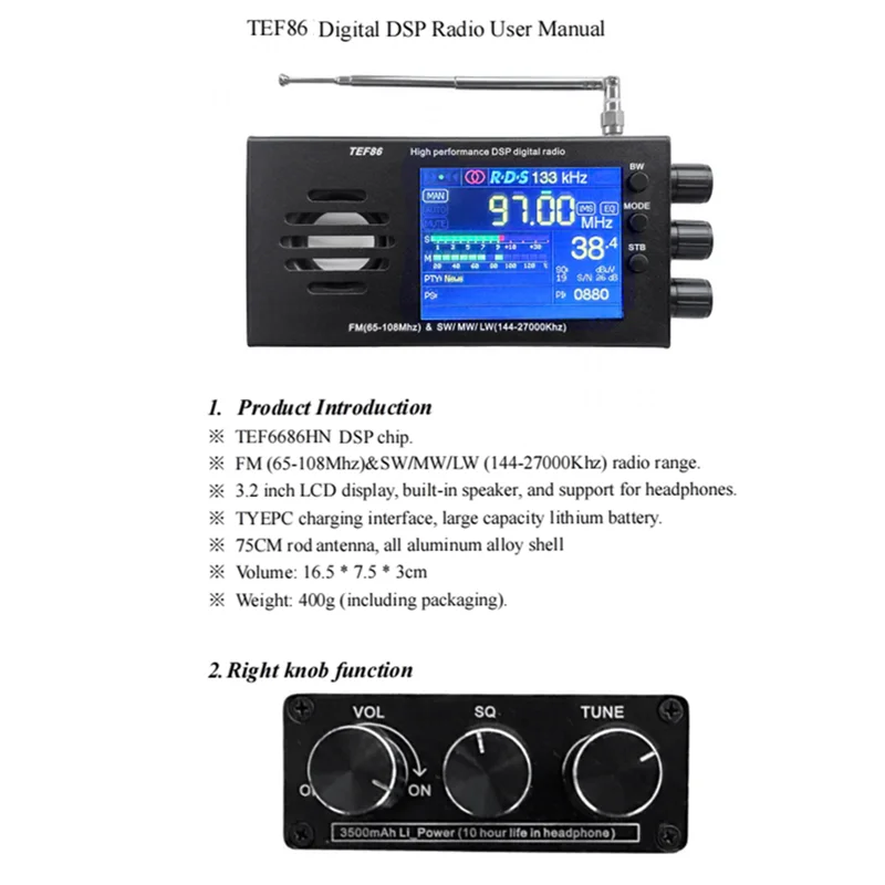 3.2นิ้ว TEF6686หน้าจอ LCD DSP เครื่องรับสัญญาณวิทยุดิจิตอล FM(65-108MHz) & SW/MW/LW(144-27000Hz) พร้อมแบตเตอรี่