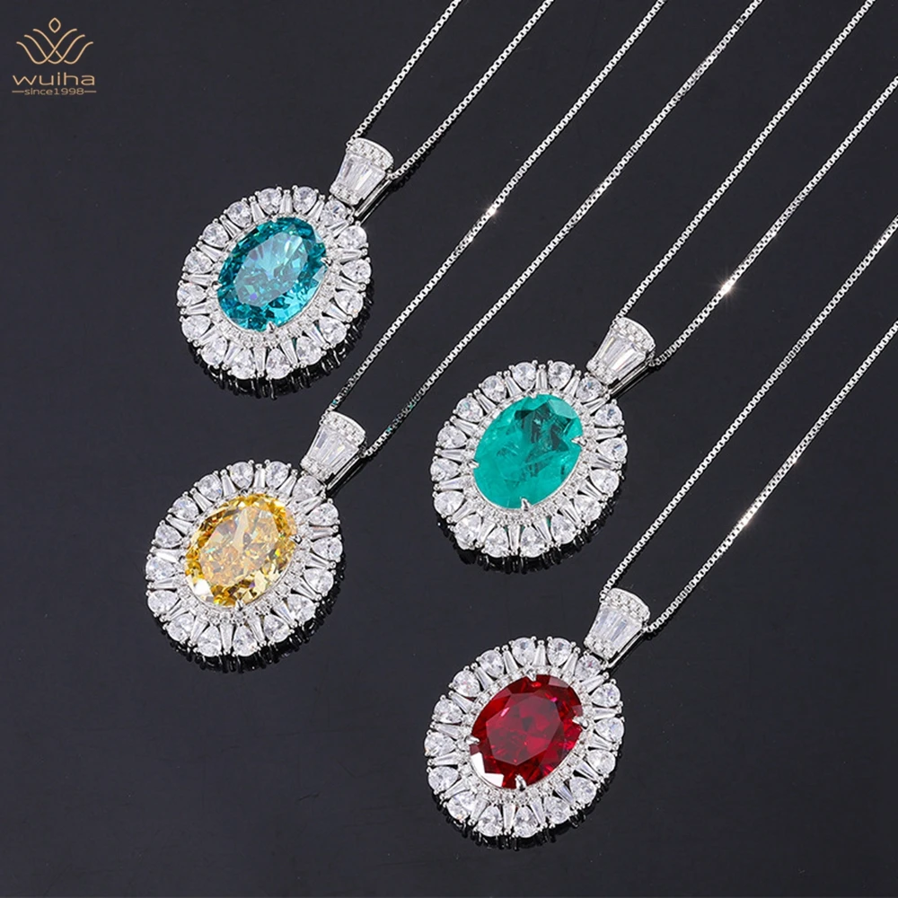 

WUIHA Luxury 925 Sterling Silver 12*16MM Sapphire Faceted Gemstone Pendant Necklace For Women Anniversary Gift Jewelry Wholesale