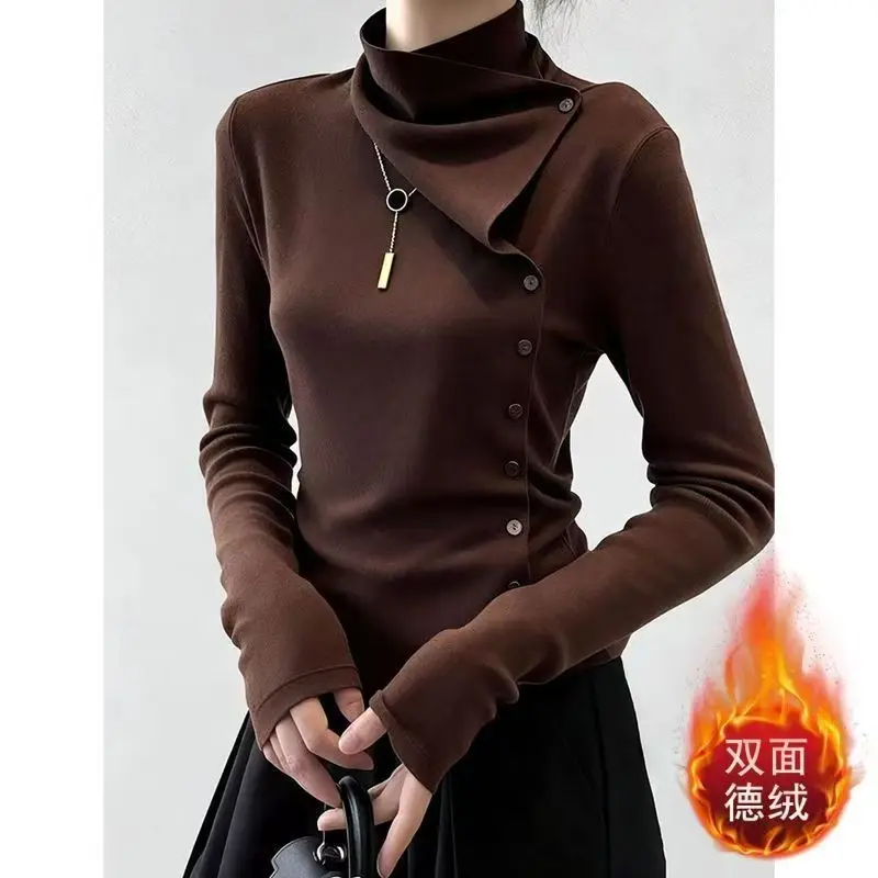 Button Irregular Button Patchwork Trend T Shirts Women Clothing New Long Sleeve Solid Vintage Tops Casual Fashion Autumn Winter