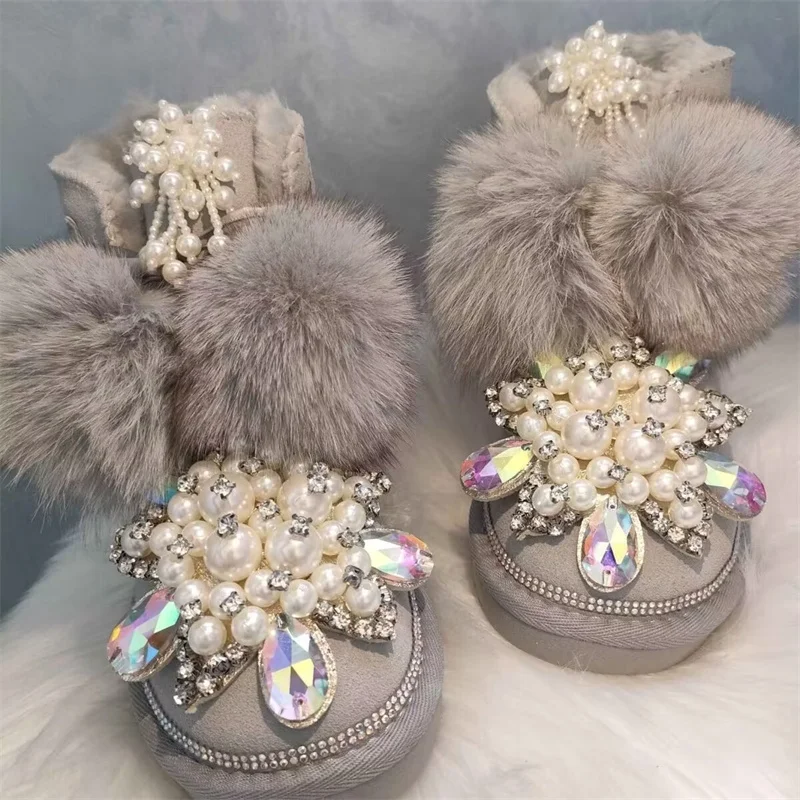 Fox hair boots Rhine-diamond pearl handmade lace-up fur one-piece boots Winter plus wool warm boots Women plus size 35-44