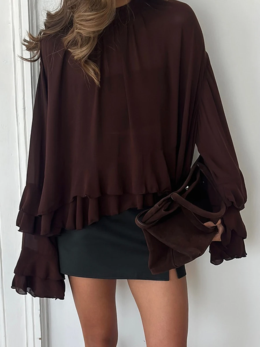 

Irregular Hem Vintage Solid Blouse Women Summer Lace-up Crew Neck Long Sleeve Blouses Simple Casual Fashion Shirt Tops 2025 New