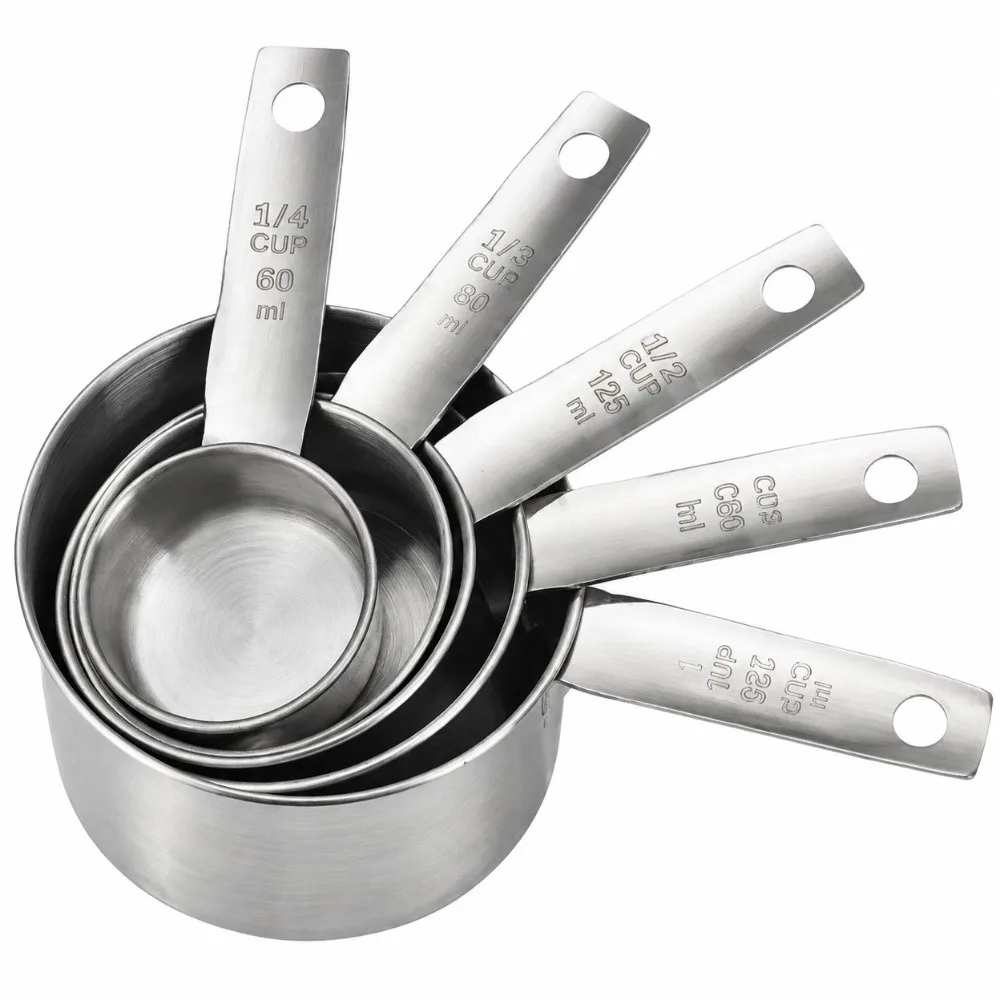 Stainless Steel Measuring Cups Polished Surface Ring‑hook Design Measuring Spoons Solid Metal Engraved Mark Kitchen Measure Tool