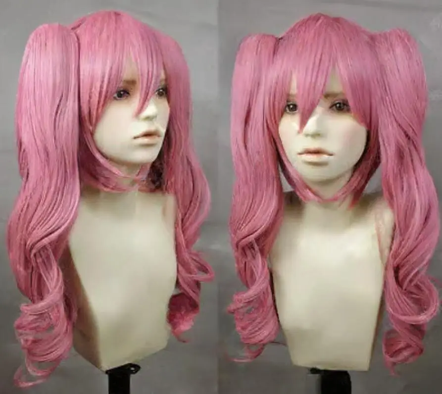 One Piece Perona Long Pink Curly Cosplay Wig + two Ponytail