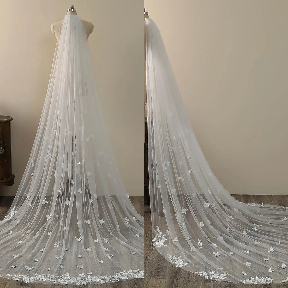 

Newest Bridal Veil White Ivory Wedding Veils Lace Applique Butterfly Elegant Cathedral Length Wedding Accessories Customized